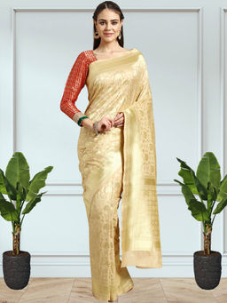 Chhabra 555 - Cream Floral Handloom Saree with Unstitched Blouse