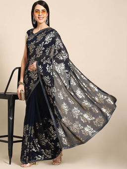 Chhabra 555 - Navy Blue Floral Embellished Saree with Unstitched Blouse