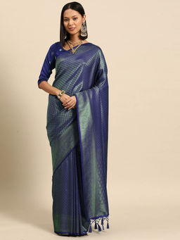 Chhabra 555 - Navy Blue Woven Handloom Saree with Unstitched Blouse