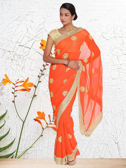 Chhabra 555 - Orange Embroidered Embellished Saree with Unstitched Blouse