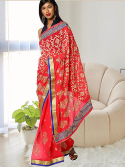 Chhabra 555 - Red Embroidered Thread Work Saree with Unstitched Blouse