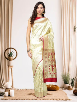Chhabra 555 - Cream Floral Handloom Saree with Unstitched Blouse