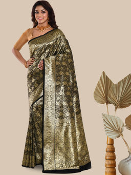 Chhabra 555 - Black Floral Handloom Saree with Unstitched Blouse