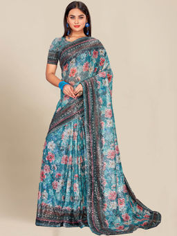 Chhabra 555 - Teal Floral Sequin Embroidered Digital Print Saree with Unstitched Blouse