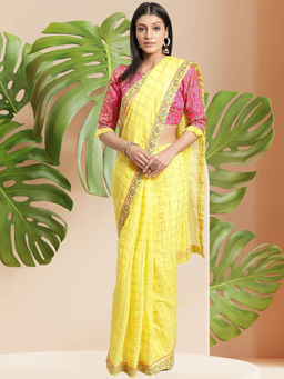 Chhabra 555 - Yellow Checks Handloom Saree with Unstitched Blouse