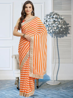 Chhabra 555 - Orange Stripes Printed Saree with Unstitched Blouse