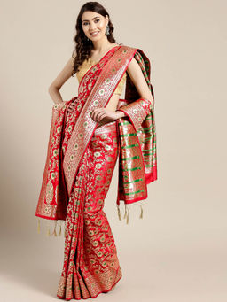 Chhabra 555 - Red Floral Handloom Saree with Unstitched Blouse