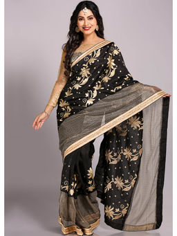 Chhabra 555 - Black Floral Embroidered Saree with Unstitched Blouse