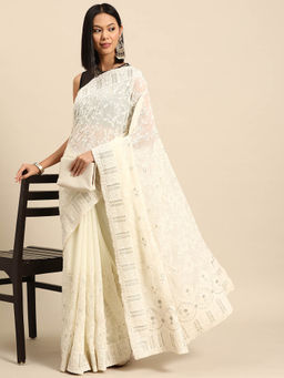 Chhabra 555 - Off White Floral Embroidered Saree with Unstitched Blouse