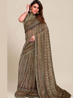 Chhabra 555 - Gold Stripes Embellished Saree with Unstitched Blouse