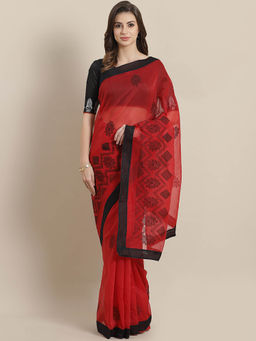 Chhabra 555 - Red Geometric Embroidered Saree with Unstitched Blouse