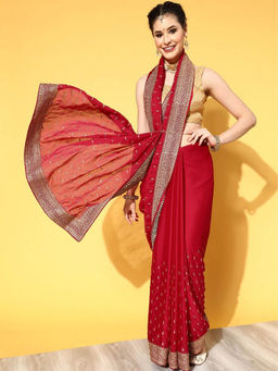 Chhabra 555 - Reddish Pink Embellished Sequined Embroidered Saree with Unstitched Blouse