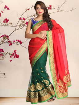 Chhabra 555 - Green Colorblock Embroidered Saree with Unstitched Blouse