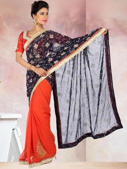 Chhabra 555 - Orange And Navy Blue Floral Embroidered Saree with Unstitched Blouse