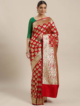 Chhabra 555 - Red Ethnic Handloom Saree with Unstitched Blouse