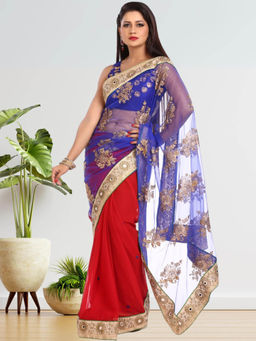 Chhabra 555 - Blue Floral Embroidered Saree with Unstitched Blouse