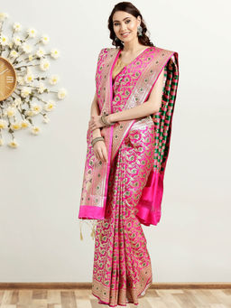 Chhabra 555 - Pink Floral Handloom Saree with Unstitched Blouse