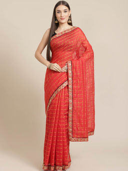Chhabra 555 - Red Chanderi Checked Zari Weaving Saree with Unstitched Blouse
