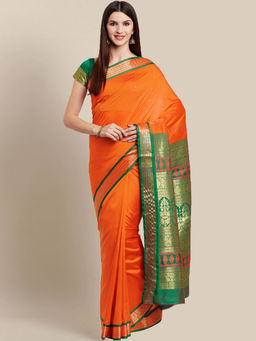 Chhabra 555 - Orange Ethnic Handloom Saree with Unstitched Blouse
