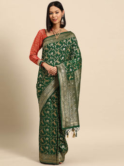 Chhabra 555 - Green Floral Handloom Saree with Unstitched Blouse