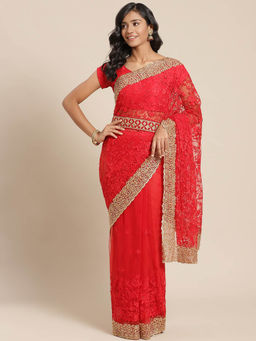 Chhabra 555 - Red Floral Embroidered Saree with Unstitched Blouse