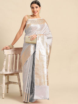 Chhabra 555 - Grey Paisley Handloom Saree with Unstitched Blouse