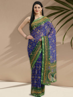 Chhabra 555 - Navy Blue Printed Saree with Unstitched Blouse