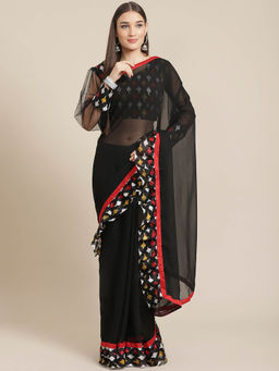 Chhabra 555 - Black Printed Border with Solid Saree with Unstitched Blouse