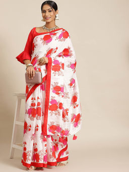 Chhabra 555 - Cream Floral Printed Saree with Unstitched Blouse
