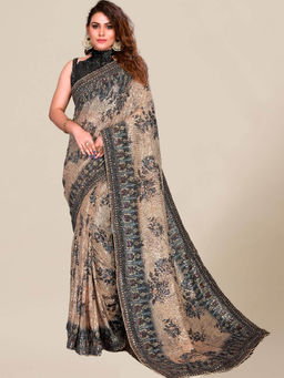 Chhabra 555 - Beige Floral Embellished Saree with Unstitched Blouse