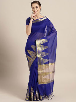 Chhabra 555 - Navy Blue Woven Handloom Saree with Unstitched Blouse