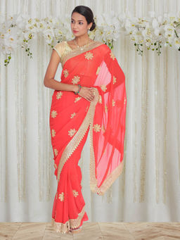 Chhabra 555 - Red Embroidered Embellished Saree with Unstitched Blouse