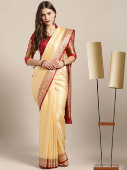 Chhabra 555 - Cream Paisley Handloom Saree with Unstitched Blouse