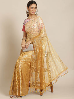 Chhabra 555 - Gold Floral Embroidered Saree with Unstitched Blouse