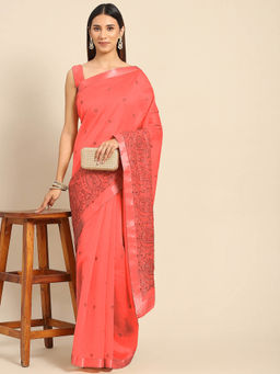 Chhabra 555 - Coral Paisley Embroidered Saree with Unstitched Blouse
