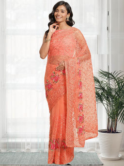 Chhabra 555 - Peach Floral Embroidered Saree with Unstitched Blouse
