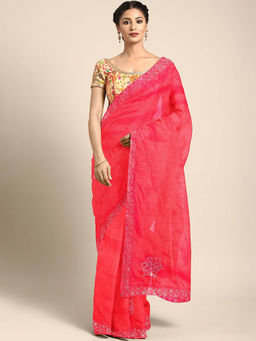 Chhabra 555 - Pink Solid Embellished Saree with Unstitched Blouse