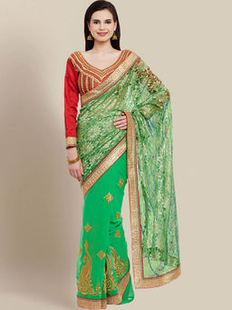 Chhabra 555 - Green Floral Embroidered Saree with Unstitched Blouse