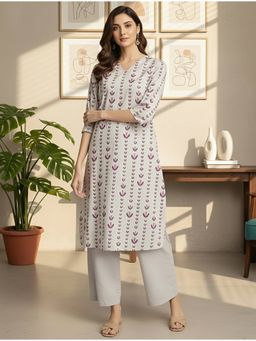 Pink Fort - Grey & Purple Cotton Floral Motif Kurta with Pant (Set of 2)