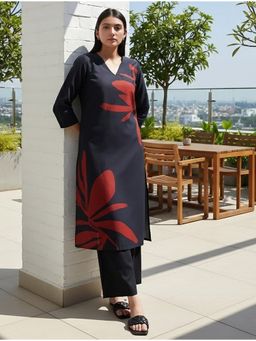 Pink Fort - Cotton Floral A-Line Black Kurta with Pant