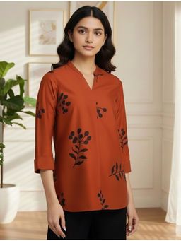 Pink Fort - Cotton Floral Pleated Orange Top