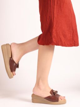Carlton London - Women Brown Round Toe Wedges Sandal