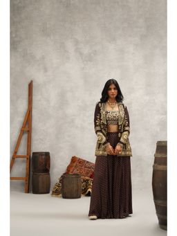 Kapda Dori - Brown Banarsi Georgette Embroidered Jacket with Crop Top and Sharara (Set of 3)
