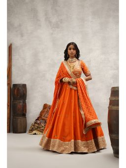 Kapda Dori - Orange Embroidered Blouse with Lehenga and Dupatta (Set of 3)