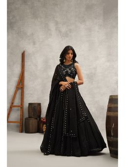 Kapda Dori - Black Mirror Work Embroidered Lehenga with Blouse and Dupatta (Set of 3)