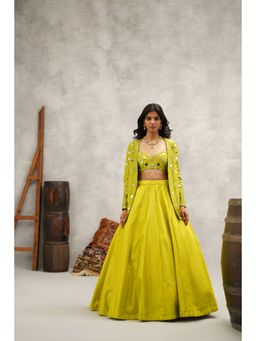 Kapda Dori - Lime Green Mirror Work Blouse with Jacket and Lehenga (Set of 3)