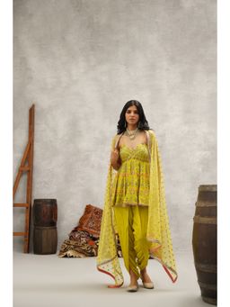 Kapda Dori - Lime Green Embroidered Peplum Top with Dhoti and Dupatta (Set of 3)