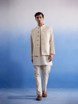 Vastramay - Mens Cream Khadi Cotton Jacket Kurta and Pyjama (Set of 3)