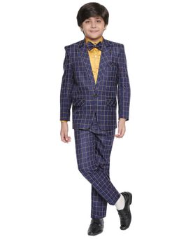 Jeetethnics - Boys Navy Checked Coat Suit With Shirt And Trousers (Set of 4)
