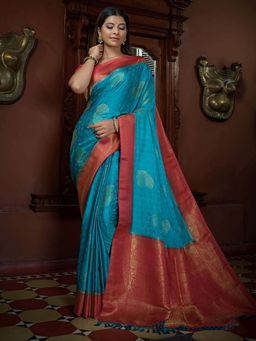 Odette - Blue Colour Satin Silk Saree with Unstitched Blouse